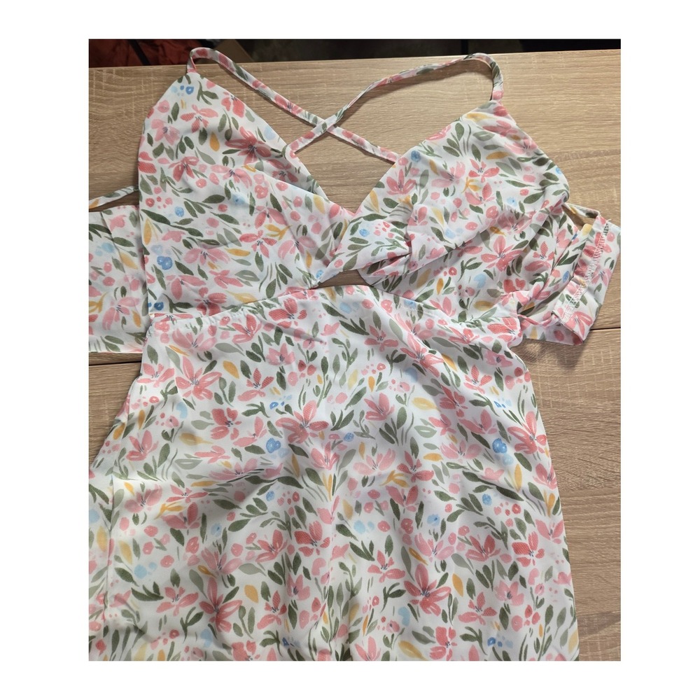 Zaful Forever Young Floral Cutout Cold Shoulder Dress White Pink Green